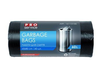 Пакети для смiття, п/е, 60*80, 8 мкм, чорні, HD, 60л/40шт (25шт/ящ) PRO SERVICE pr.16113100 фото
