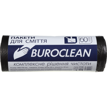 Пакети для сміття 60л/20шт, 580х700мм, чорні,10мкм, ПНТ (HDPE), BuroClean ECO 10200031 фото