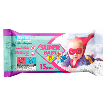 Серветки вологі SuperPack fresh, ромашка та алоє, 15шт., Super Baby san.91035 фото