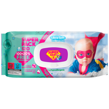 Серветки вологі, SuperPack, ромашка та алоє, 120шт., Super Baby san.90298 фото