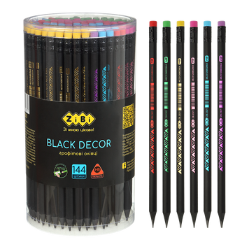 Олівець графітовий HB, BLACK DECOR, пластиковий, триграний, з гумкою, туба - 144 шт ZB.2321 фото