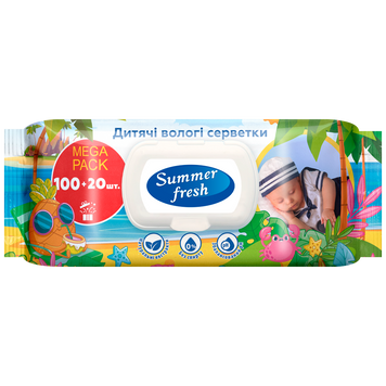 Серветки вологі дитячі, Mega Pack, 120шт., Summer Fresh san.91905 фото