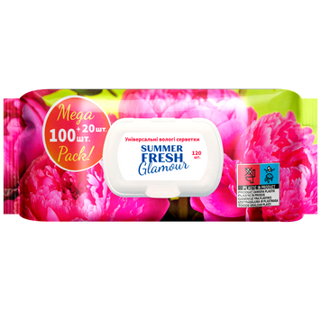 Серветки вологі універсальні, Glamour, 120шт., Summer Fresh san.91912 фото